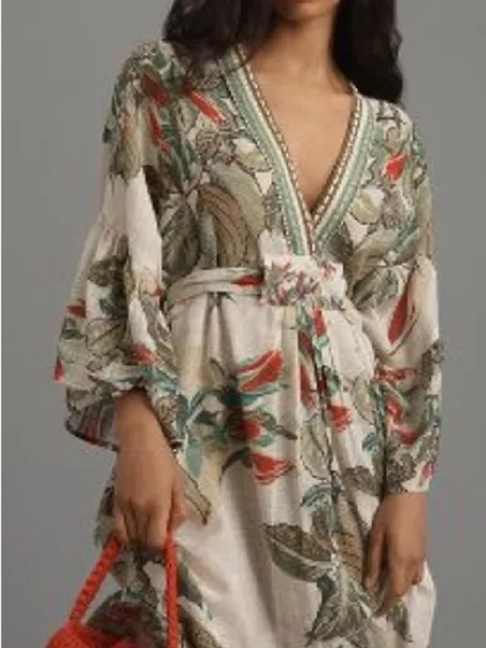 Condition Apply Floral Midi Dress in Cream with Green & Coral Accents